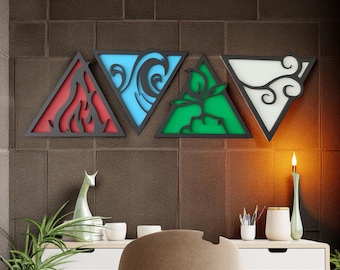 Four Elements Wood Wall Art: Hand-Painted Spiritual Decor
