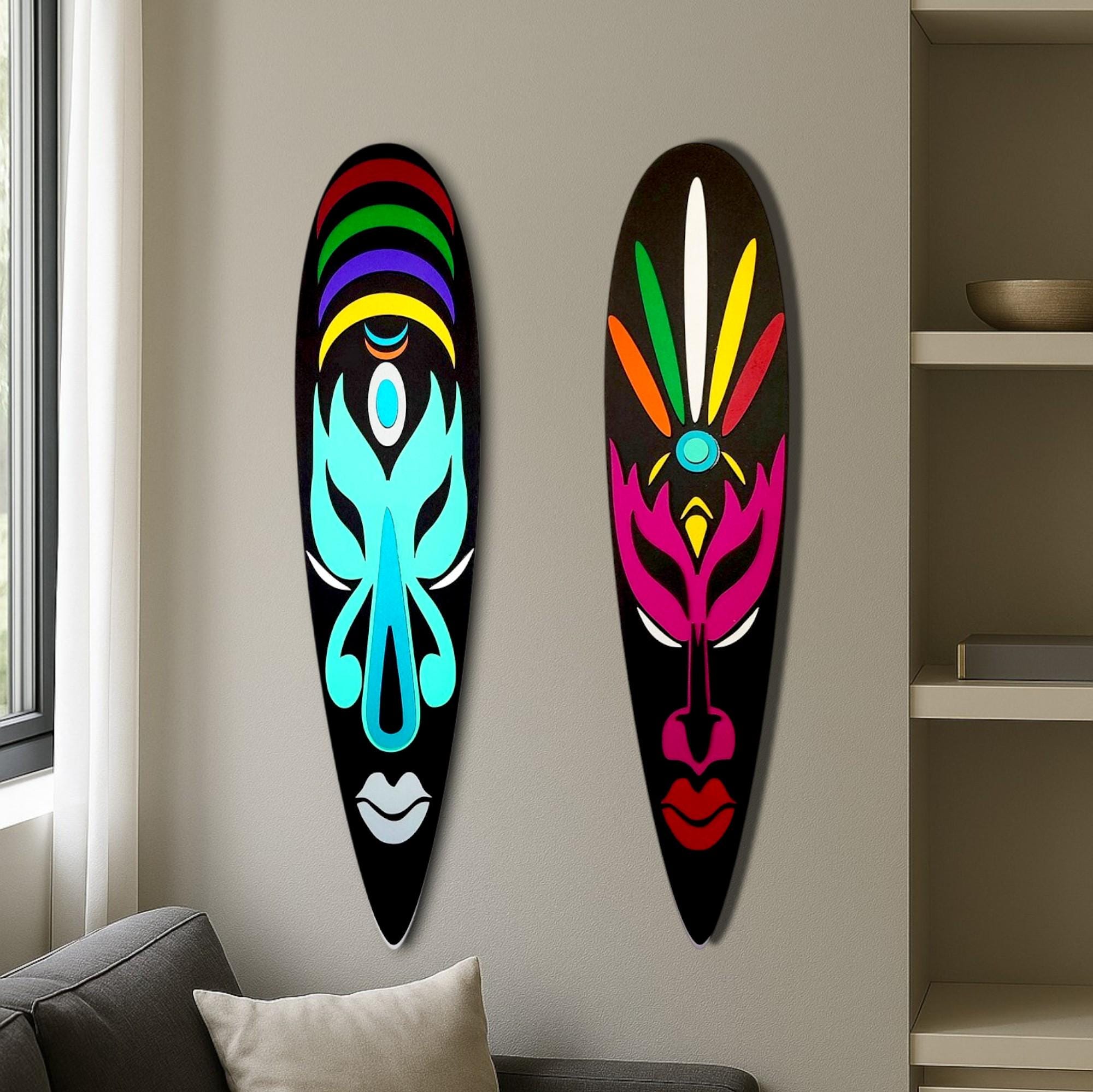 African Tribal Wall Mask Set, Acrylic Painted Decor, Handmade