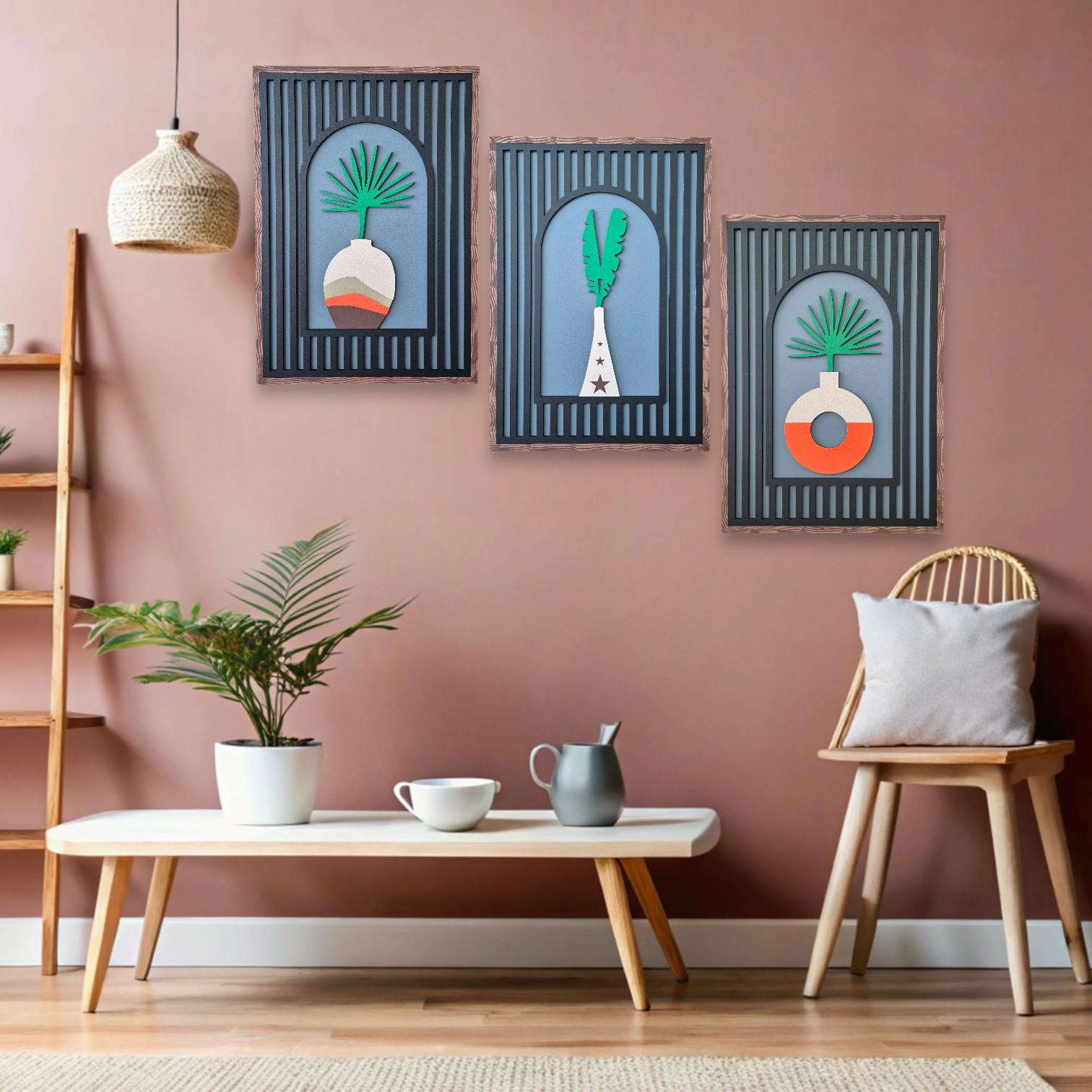 Boho Plant Vase Wall Art Set | Handmade Wooden Decor