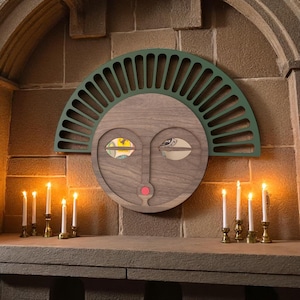 African Mask Wall Art, Round Tribal Wooden Face Sculpture, Modern Ethnic Decor, Handmade Abstract Boho Mask for Living Room Mantel