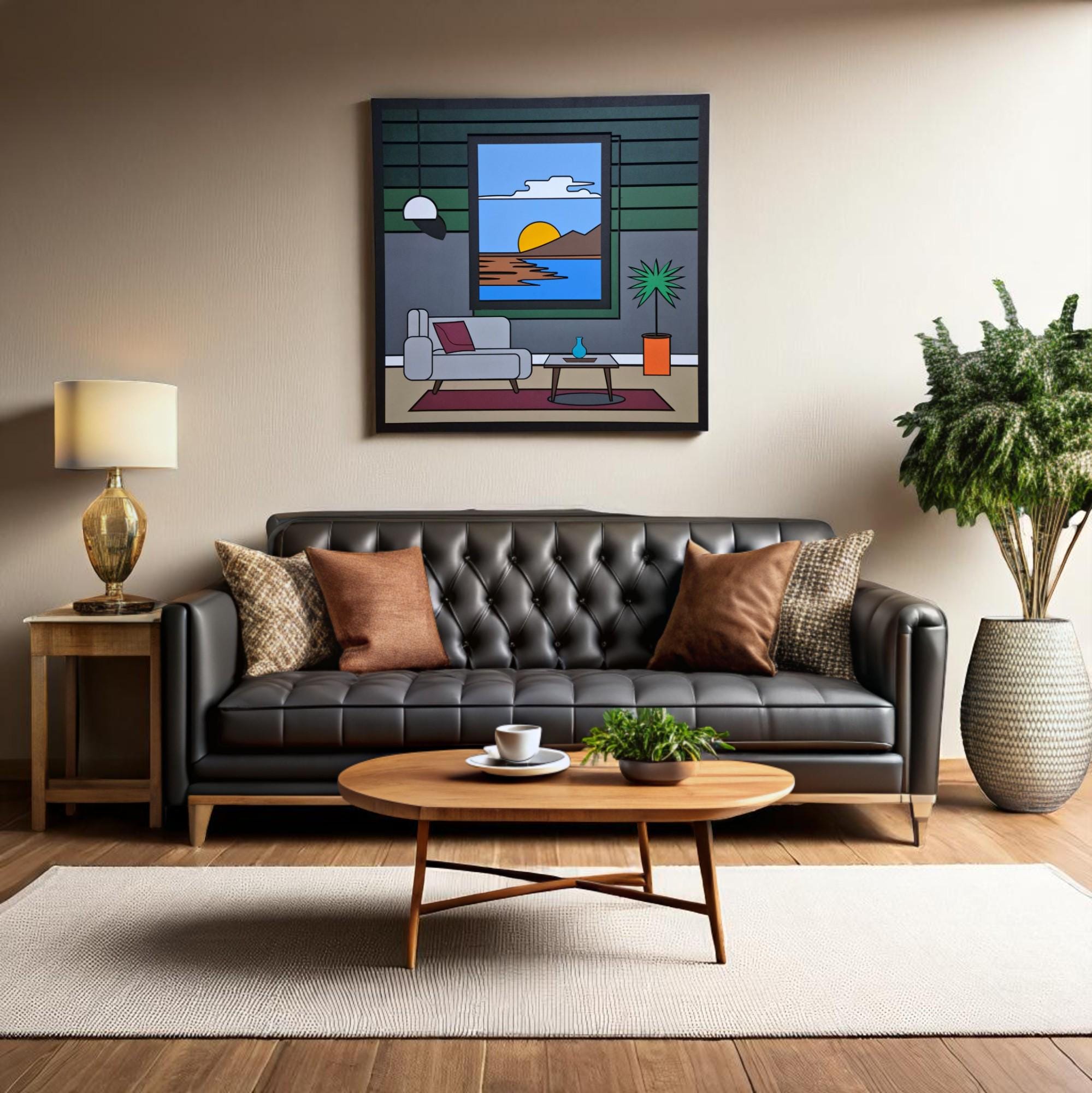 Hand-Painted Sunset Wooden Wall Art: Modern Minimalist Decor