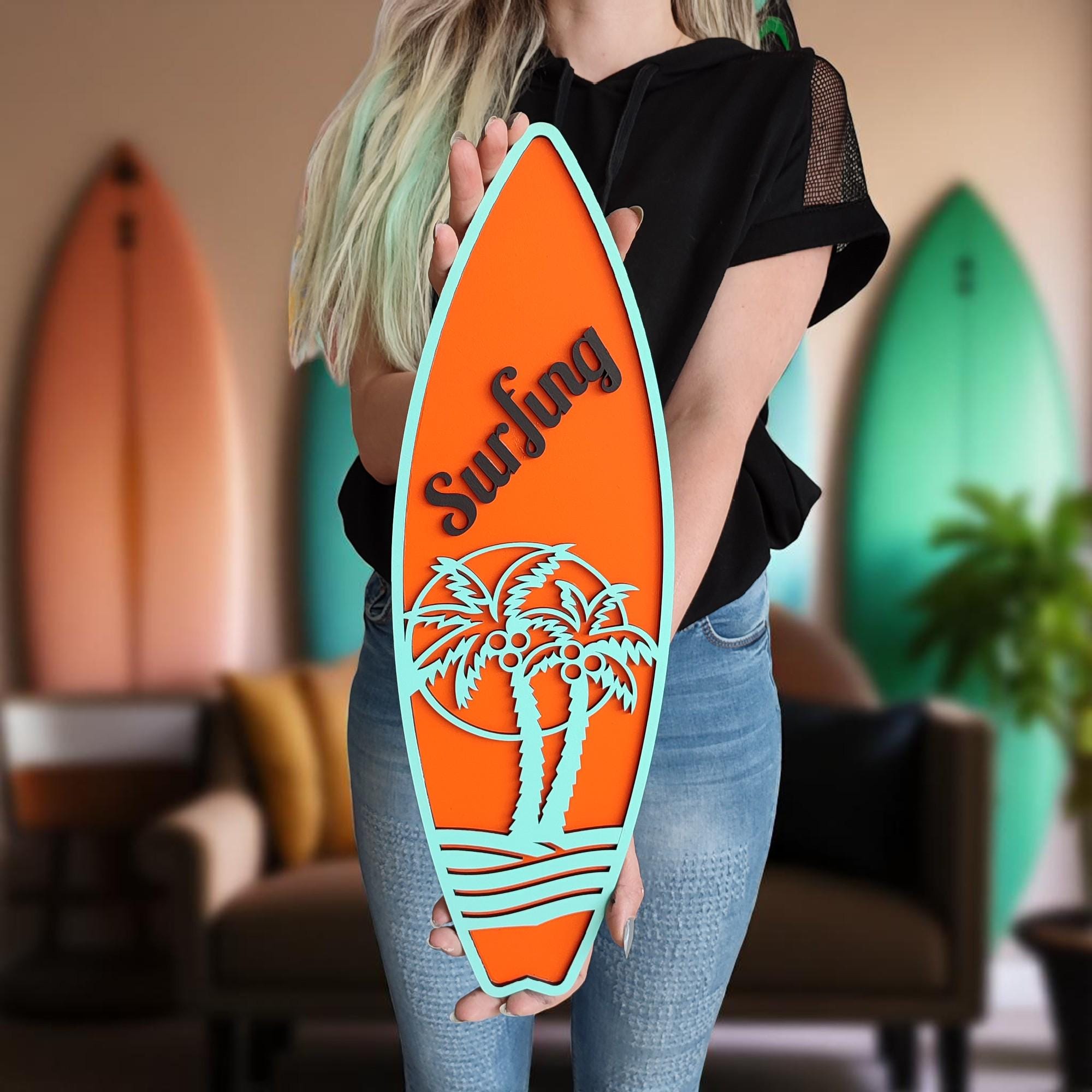 Personalized Layered Surfboard Wall Art | Custom Hand-Painted Wooden Beach Decor | Unique Coastal Wall Hanging