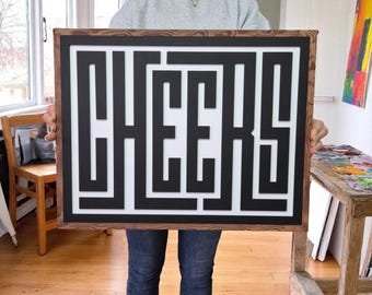 Cheers Wooden Bar Sign: Rustic Home Bar Decor