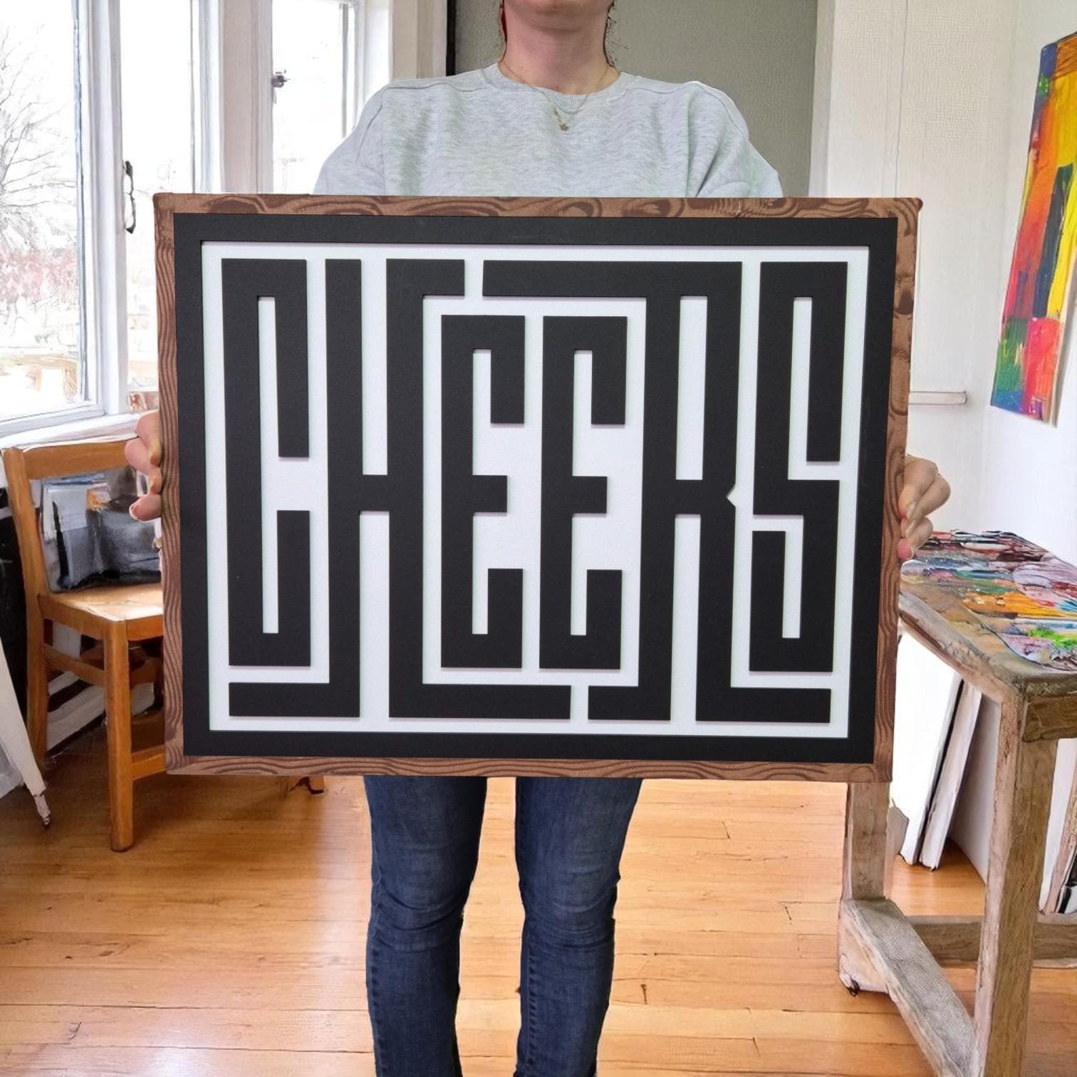 Cheers Wooden Bar Sign: Rustic Home Bar Decor