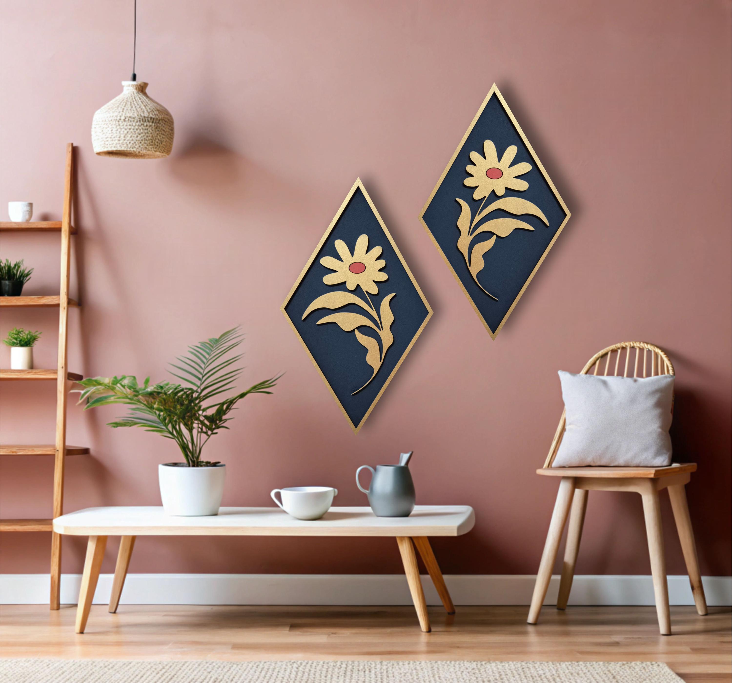 Mid Century Modern Floral Wood Wall Art: Boho Home Decor