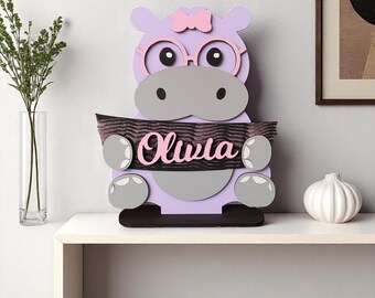 Personalized Hand-Painted Wooden Hippo Desk Stand: Custom Nursery Decor