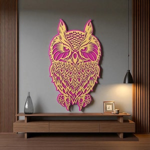 Arte de parede de madeira com coruja em camadas 3D, decoração de coruja boho pintada à mão, decoração de parede inspirada na natureza mística, presente de animal da floresta, arte de parede com animais
