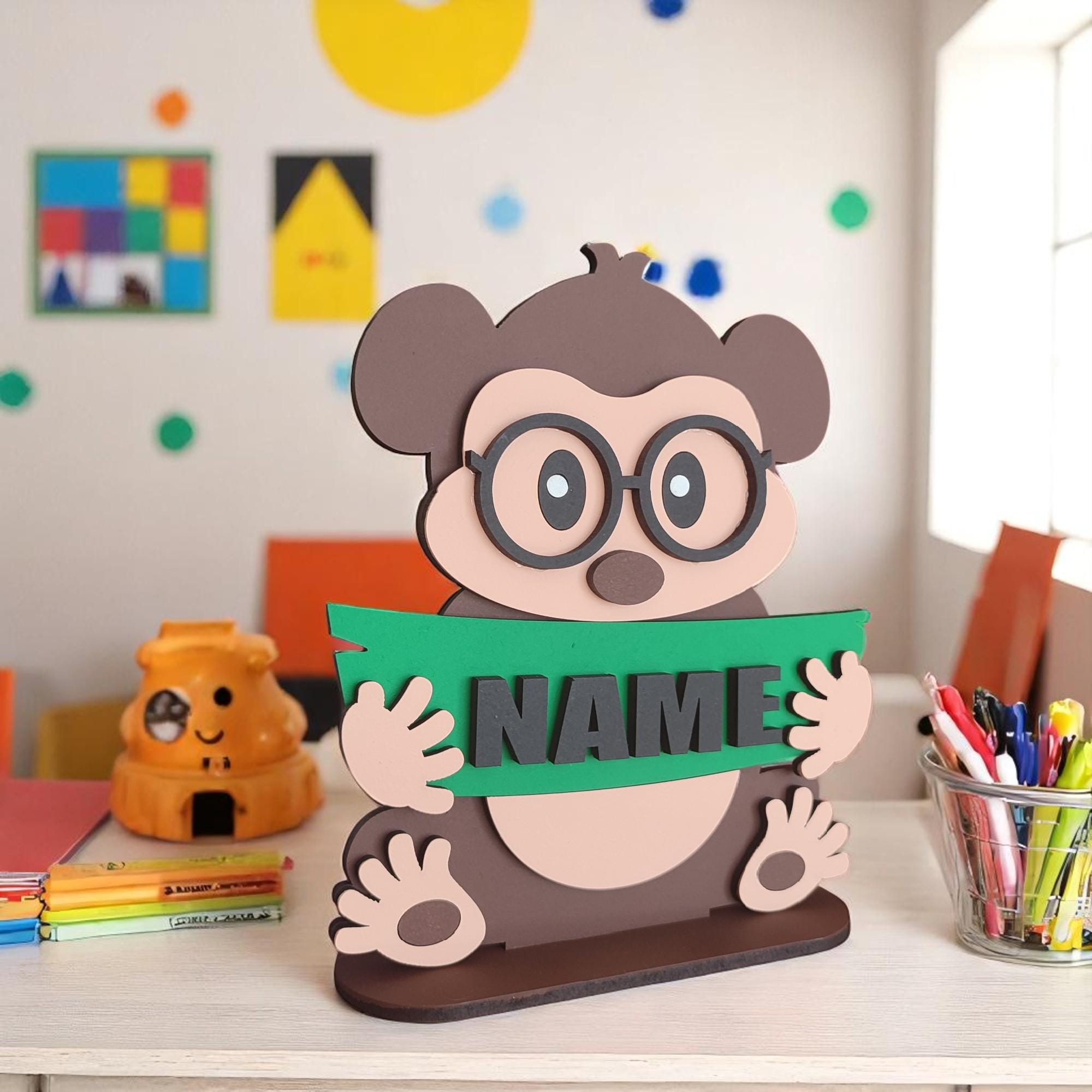 Personalized Monkey Desk Decor: Hand-Painted Nursery Animal Art