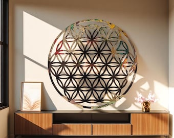 Blume des Lebens Wandkunst: Gold Acryl Overlay auf Holz - Heilige Geometrie