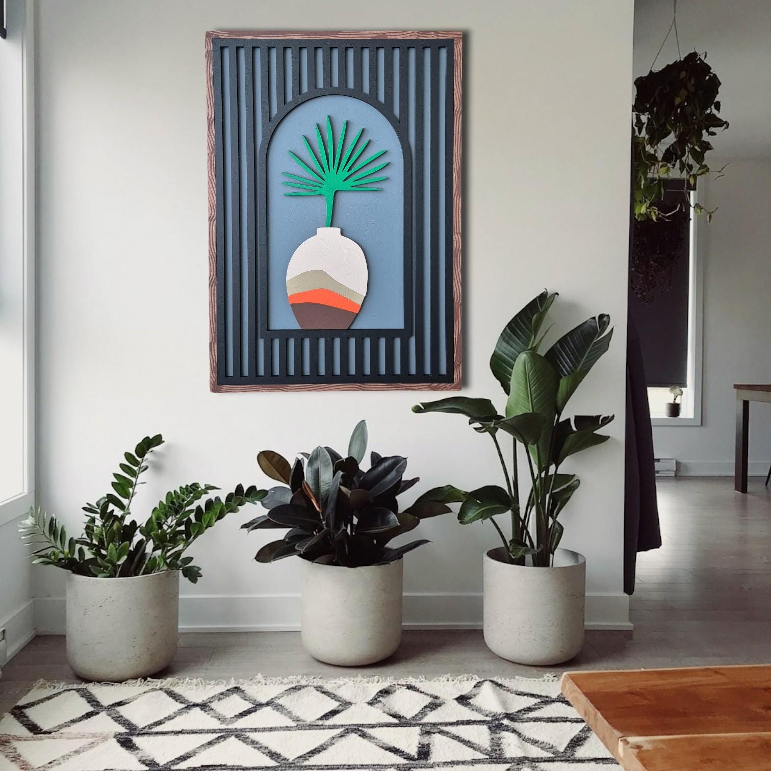 Modern Vase and Leaf Wooden Wall Art | Hand-Painted Decor