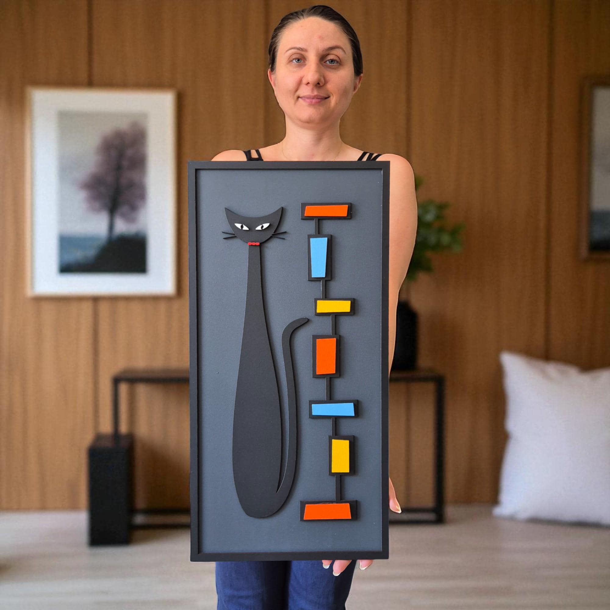 Geometric Cat Wall Art: Hand-Painted Wooden Feline Decor