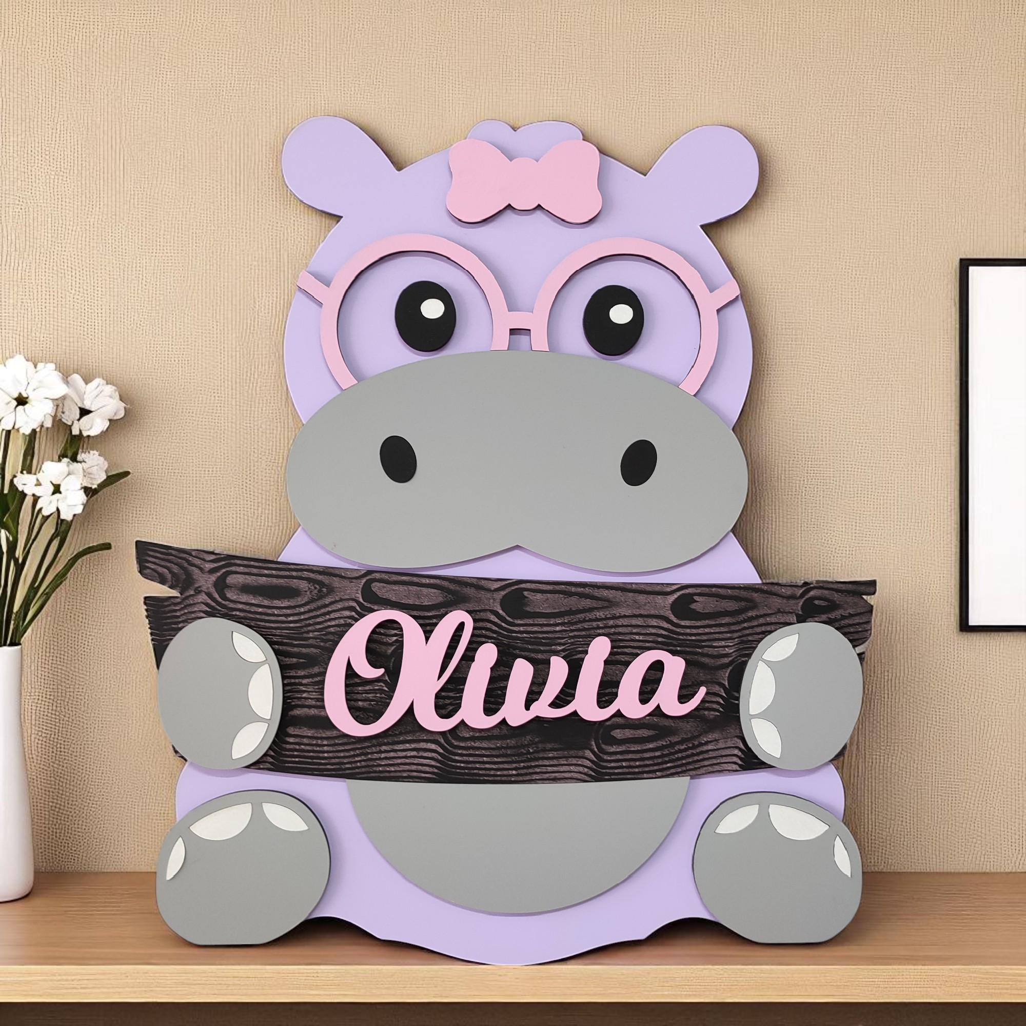 Personalized Hippo Nursery Decor: Hand-Painted Wooden Wall Art