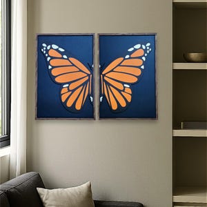 Ingelijste houten muurkunst monarchvlinder: rustiek bohodecor, set van 2