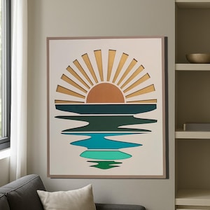 Sunset Framed Wall Art | Metallic Hand Painted Sunset Sunrise Wooden Wall Art | Sunset Sunrise Boho Wood Wall Art | Wooden Wall Art.