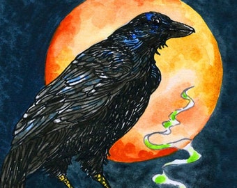 Crow Standing on a Cauldron ACEO Print Full Moon Raven Halloween Miniature Art Pagan Altar Decor ATC Giclee Ink and Watercolours