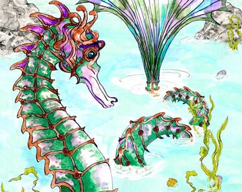 Sea Dragon Print Mythical Water Creature Wall Art Ink and Watercolour Fantasy Illustration 8x10 or 11x14 Giclee