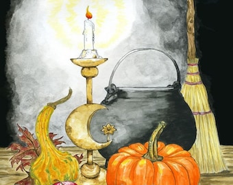 Samhain Halloween Print Celtic Fall Autumn Harvest Pagan Wiccan Wall Art Cauldron Broom Altar Decor Magick Witchcraft Ink Watercolor