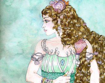 Fand Fairy Queen Celtic Sea Goddess Mermaid Print Wall Art Seashell or Knotwork Border Pen and Ink Watercolor Illustration 8 in x 10 in