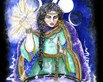 Cerridwen's Cauldron of Knowledge Print Celtic Goddess Pagan Wicca Mythology Magic Moon Phase Wall Art Altar Decor Ink Watercolour