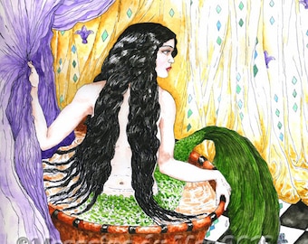 Melusine Water Goddess Mermaid in Bathtub Print Mythic Pagan Legend Fantasy Fine Art Pen and Ink Watercolour Undine Illustration Wall Art