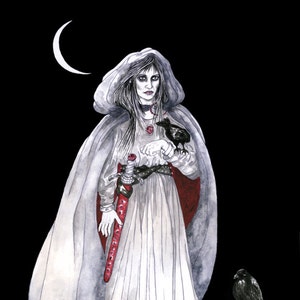 Morrigan Celtic Dark Goddess Print Three Ravens Battle Crow Pagan Wall Art Crone Waning Moon Altar Decor Ink and Watercolor Illustration