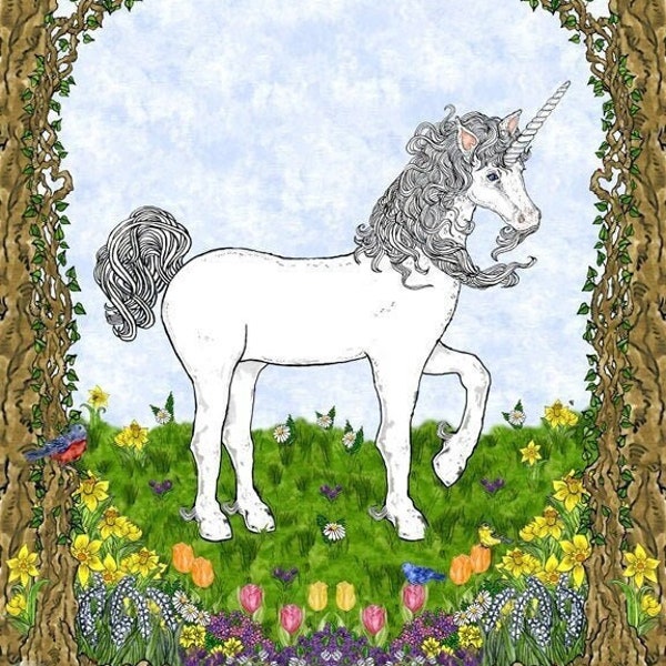 Unicorn in Flower Garden Print Fantasy Art Wall Decor Gift for Children Nursery Ink and Watercolours Illustration 5x7 8x10 11x14