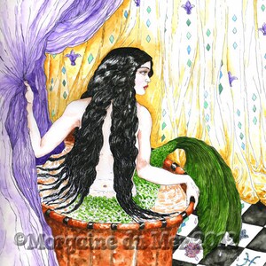 Melusine Water Goddess Mermaid in Bathtub Print Mythic Pagan Legend Fantasy Fine Art Pen and Ink Watercolour Undine Illustration Wall Art