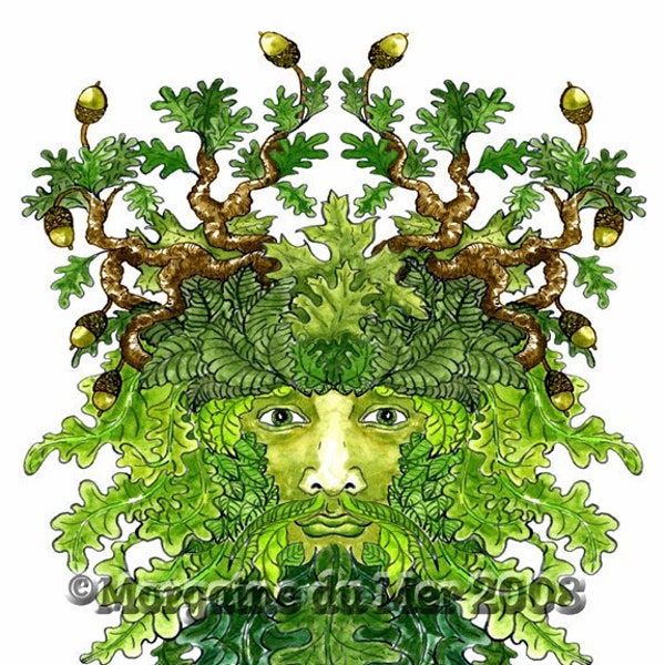 Green Man ACEO Print Oak Leaves and Acorns Nature God Mythology Pagan Altar Decor Miniature Art Ink and Watercolour Illustration ATC