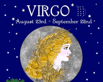Virgo Sun Sign Zodiac Personalized Print For August 23-September 22 Birthdays Astrology Gift Wall Art 10x10 Blue Sky or Black Sky Background