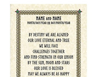 Viking Norse Celtic Custom Wedding Vows Print Pagan Handfasting Parchment or White Marriage Certificate Anniversary Gift for Couple Wall Art