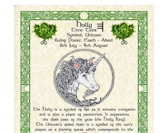 Unicorn and Holly Celtic Zodiac Sign Print July 8-August 4 Birthday Gift Lunar Astrology Art  Druid Tree Lore Pagan Altar Decor