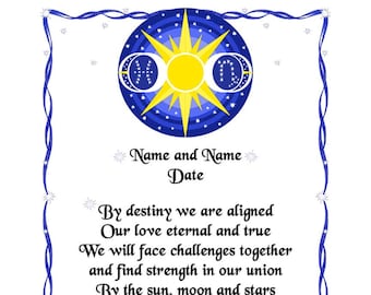 Sun Moon Stars Custom Wedding Vows Print Zodiac Signs Astrology Handfasting Certificate Art Anniversary Pagan Marriage Gift Wall Decor