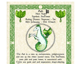 Seahorse Ash Celtic Zodiac Sign Print Feb 18-March 17 Birthday Gift Lunar Astrology Art Druid Tree Lore Pagan Altar Decor