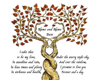 Two Trees Entwined Autumn Leaves Custom Wedding Vows Print Fall Handfasting Certificate Anniversary Ketubah Marriage Gift Wall Art