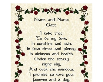 Entwined Roses Custom Wedding Vows 8x10 Print Marriage Wall Art Handfast Certificate Medieval Renaissance Anniversary Valentine's Day Gift