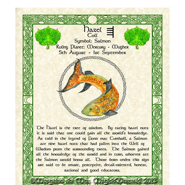 Salmon Hazel Celtic Zodiac Sign Print August 5-Sept 1 Birthday Gift Lunar Astrology Art Druid Tree Lore Pagan Altar Decor