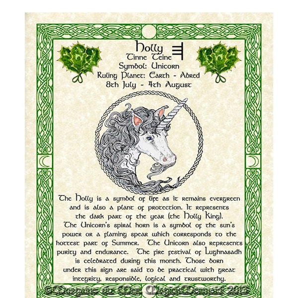 Unicorn and Holly Celtic Zodiac Sign Print July 8-August 4 Birthday Gift Lunar Astrology Art  Druid Tree Lore Pagan Altar Decor
