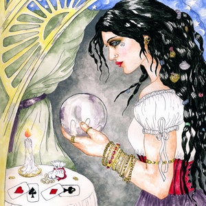 Fortune Teller with Crystal Ball Print Seer Mystic Witch Magickal Wall Art Spirituality Ink Watercolor Illustration Pagan Altar Decor