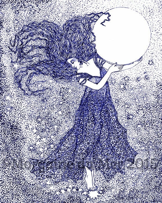 ACEO PRINT Moon Goddess Stars Celestial Night Sky Woman WC Fantasy art