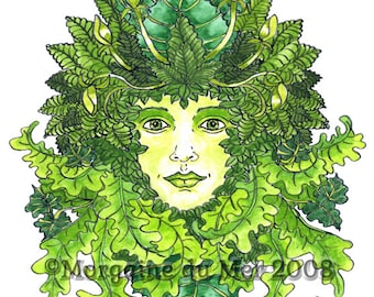 May include: A green and yellow watercolor illustration of a woman's face surrounded by leafy foliage. The woman has green eyes and a soft smile. The leaves are arranged in a symmetrical pattern around her face, creating a sense of balance and harmony.