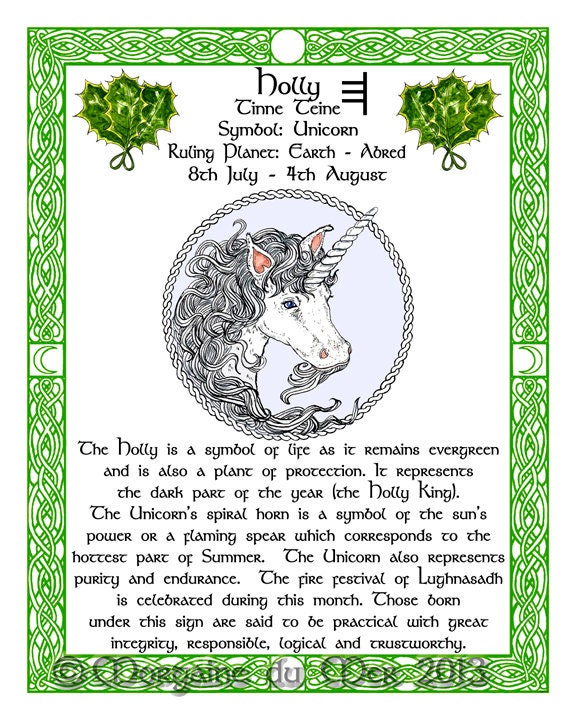 Unicorn and Holly Celtic Zodiac Sign Print July 8august 4 Birthday