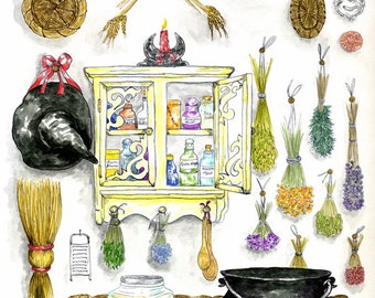 Witch's Magickal Kitchen Print Herbs Potions Cauldron Broom Pagan Wiccan Wall Art Altar Decor Ink Watercolour Illustration Magickal Arts