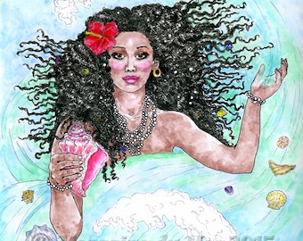Yemaya Ocean Sea Goddess Print Mother of All Living Things Yoruba Santeria Pagan Wall Art Altar Decor 8x10 11x14 Ink Watercolor Illustration