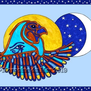 Horus Egyptian Sky God Falcon ACEO Print Eye of Protection Symbol, Sun Moon and Stars Mythology Folklore Altar Decor Ink and Watercolour