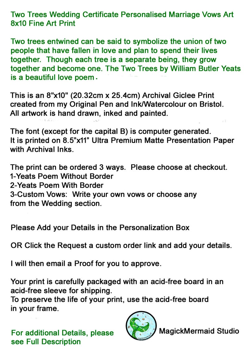 Two Trees Entwined w Poem 8x10 Wedding Print Personalized Handfast Certificate or Custom Vows Gift for Couple Anniversary Valentine Wall Art image 5