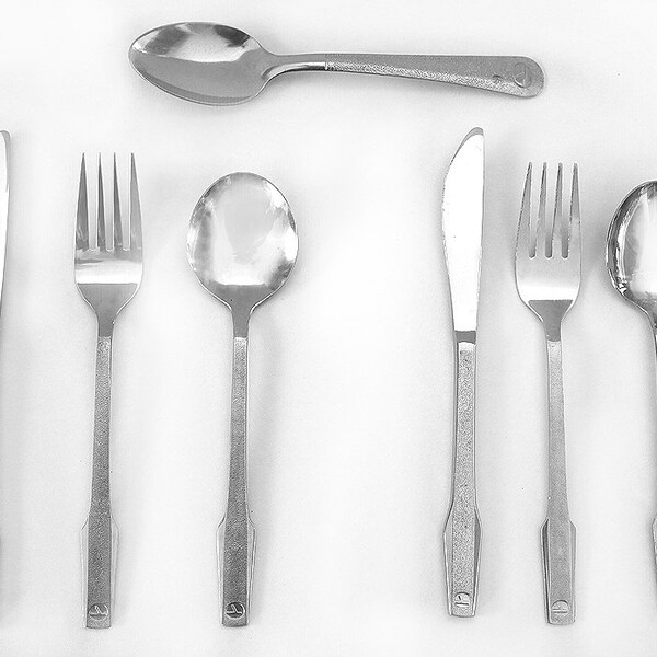 1980s Eastern Airlines Flatware Knives Forks Soup Spoons Teaspoon Vintage Memorabilia Made by THC and Abco 7 Pieces Collectible