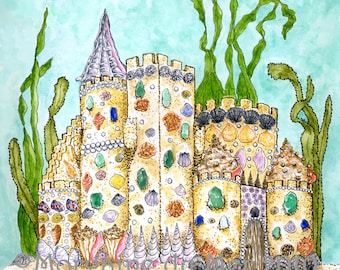Mermaid's Seashell Sand Castle Art Print Under the Sea Fantasy Beach Tropical Bathroom Decor Pen and Ink Watercolor Illustration