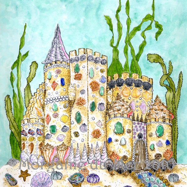 Mermaid's Seashell Sand Castle Art Print Under the Sea Fantasy Beach Tropical Bathroom Decor Pen and Ink Watercolor Illustration