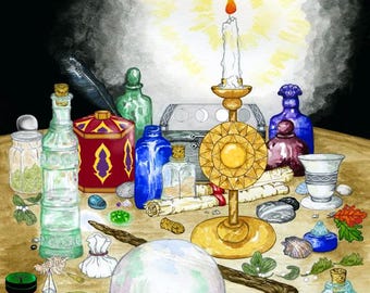 Magickal Workshop Print Pagan Wizard Witch Wiccan Altar or Wall Art Ink and Watercolour Illustration Occult Metaphysical Still Life