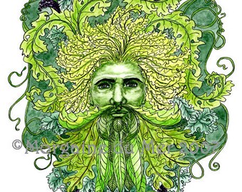 GreenMan of Grapevines Print Pagan Fantasy Wall Art Nature Mythology Altar Decor Pen and Ink Watercolor Illustration